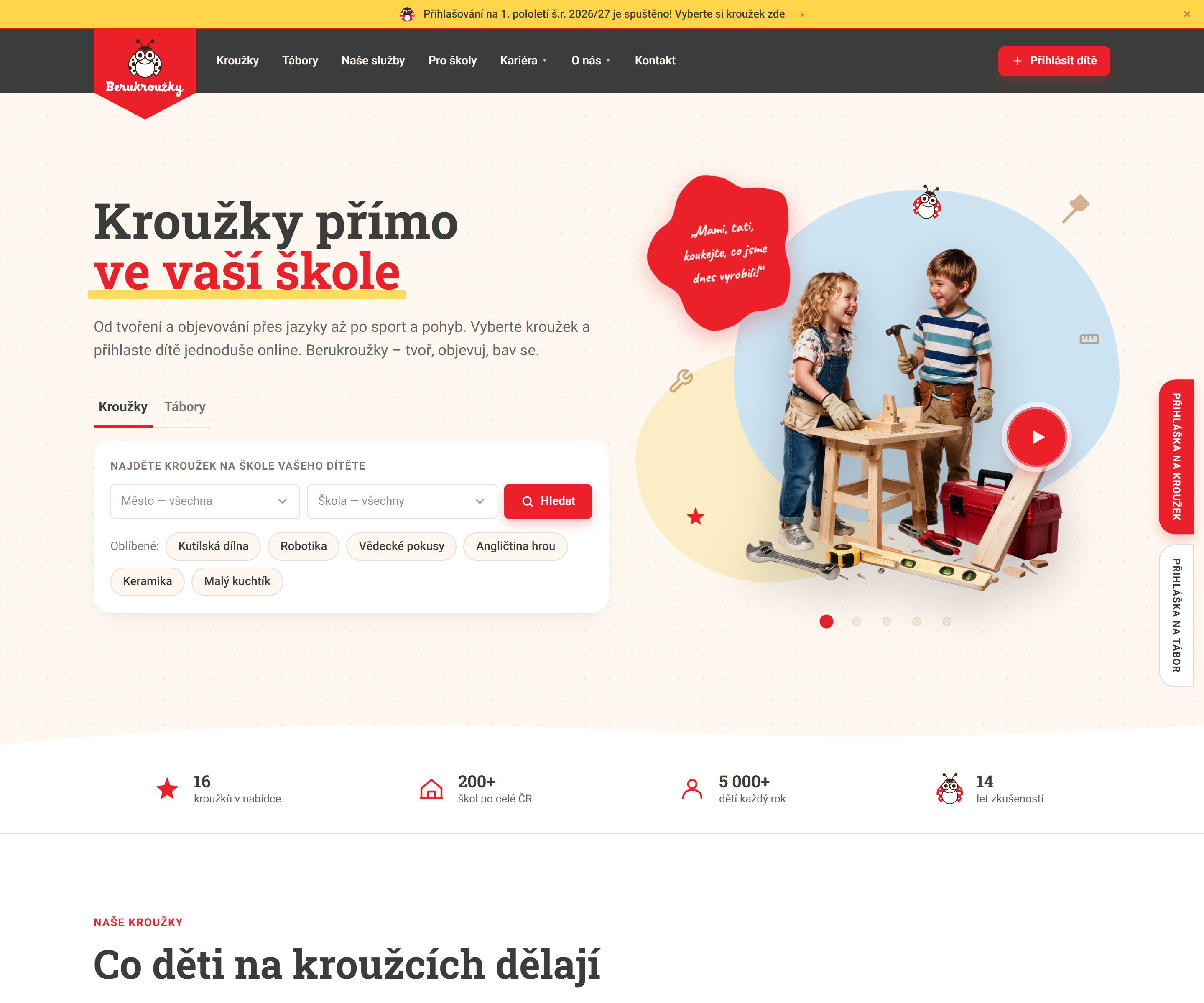Berukroužky — after-school clubs and camps platform homepage screenshot